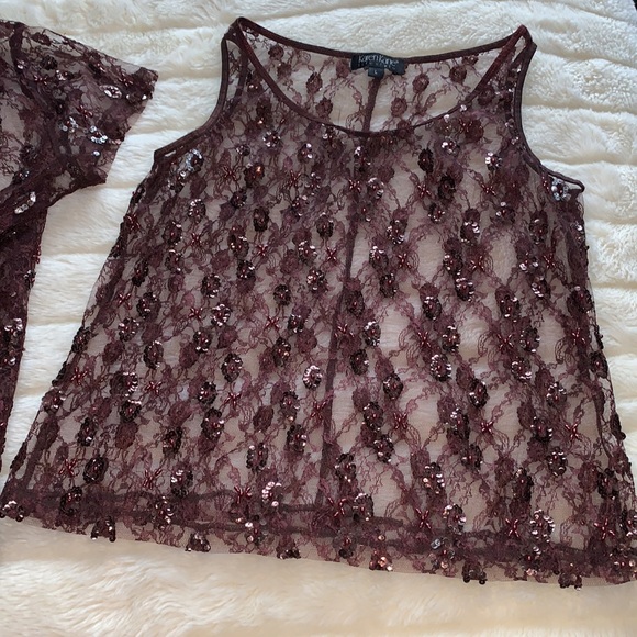 Brown lace sequin beaded button down shirt & Tank top 2 piece Set L - Picture 5 of 12